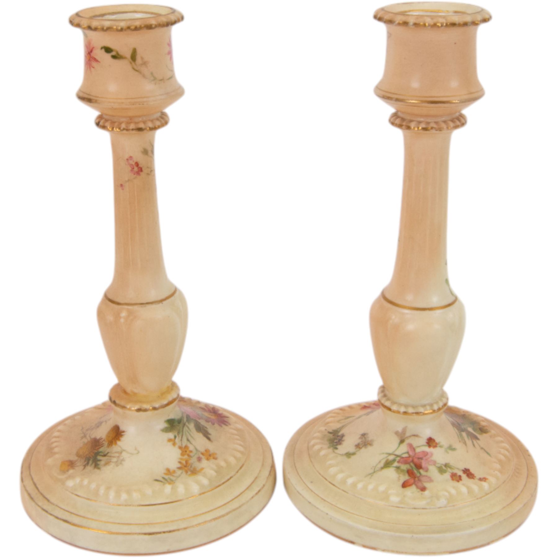 Royal Worcester blush ivory dressing table set, decorated with flowers, comprising an oval tray, three covered pots and a pair of candlesticks 