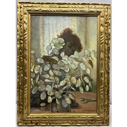 Olive Bagshaw (Northern British fl.1965-1978): Lady Reading behind a Jug of Dried Honesty, oil on canvas laid on board signed 53cm x 36cm 
Provenance: from the Artist's Studio Sale. Miss Bagshaw who was born in Salford, received her formal art training at Salford and Manchester Art School. Her work has been regularly accepted at the Royal Society of Portrait Painters, the Royal Academy and Federation of British Artists (Information from a 1970's Monks Hall Museum and Gallery exhibition catalogue).