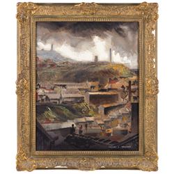 James Leslie Brooke (British 1903-1973): 'Castle Hill from Chapel Hill' - Almondbury in Huddersfield, oil on canvas board signed, titled verso 50cm x 39cm 
