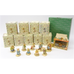  Nine Brambly Hedge Border Fine Arts figures comprising Lord Woodmouse in Chair BH22, Lady Woodmouse BH2, Minister BH12, Best Man BH15, Mr Apple in Rocking Chair BH5, Wilfred BH4, Page Boy BH13, Primrose BH3 &  Mrs Apple BH1 in original tin boxed and The Fireplace BH8, in original bok (10)  