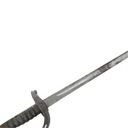 Edward VII 1887 Pattern Heavy Cavalry Officer's sword, 89cm single edge fullered etched blade, numbered 11017 to the back of the blade, decorative pierced guard, fishskin and wire handle, in a leather scabbard, overall L106cm 