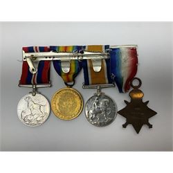 WW1 group of three medals comprising British War Medal, Victory Medal and 1914 Star awarded to 8328 Pte. G. Shaw Yorks: L.I.; on hanging bar with WW2 1939-1945 War Medal and WW1 ribbon bar with rosette to 1914 Star ; all with ribbons; and WW2 1939-1945 War Medal with ribbon