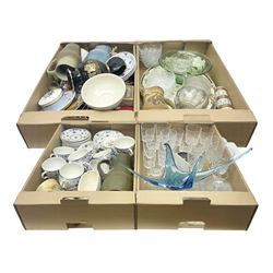 Masons and Furnival Denmark pattern blue and white tea wares, together with a Royal Worcester trinket box, Leedsware bowl and other ceramics and glassware, in four boxes