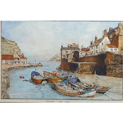  'Staithes', 20th century watercolour, signed and dated 1981 by Ken Fisher 38cm x 58cm and three other prints (4)  