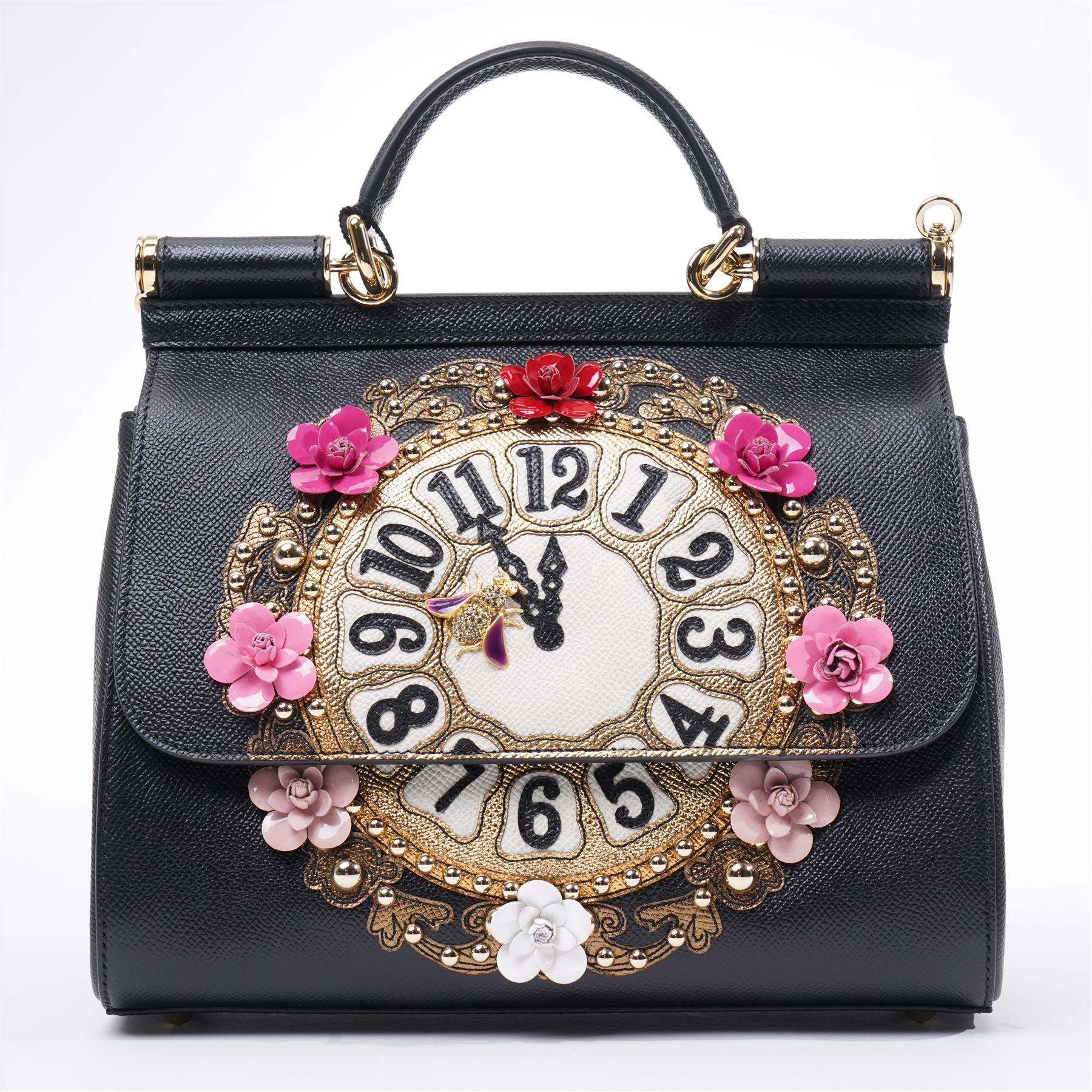 Dolce & Gabbana - 'Sicily Clock’ Medium Bag, from the Fairytale collection (Autumn/Winter 2016), in structured black textured leather, the front elaborately applied with a jewelled clock-face motif and floral embellishments, with top handle and detachable shoulder or crossbody strap, a limited production piece, unused with original box and dust bag