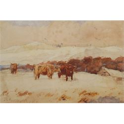 Thomas Hunt (British 1854-1929): Highland Cattle in the Snow, watercolour signed and indistinctly inscribed 17cm x 25cm