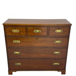 Georgian military type campaign chest, narrow rectangular top over three short and three long drawers, recessed brass handles, on bracket feet