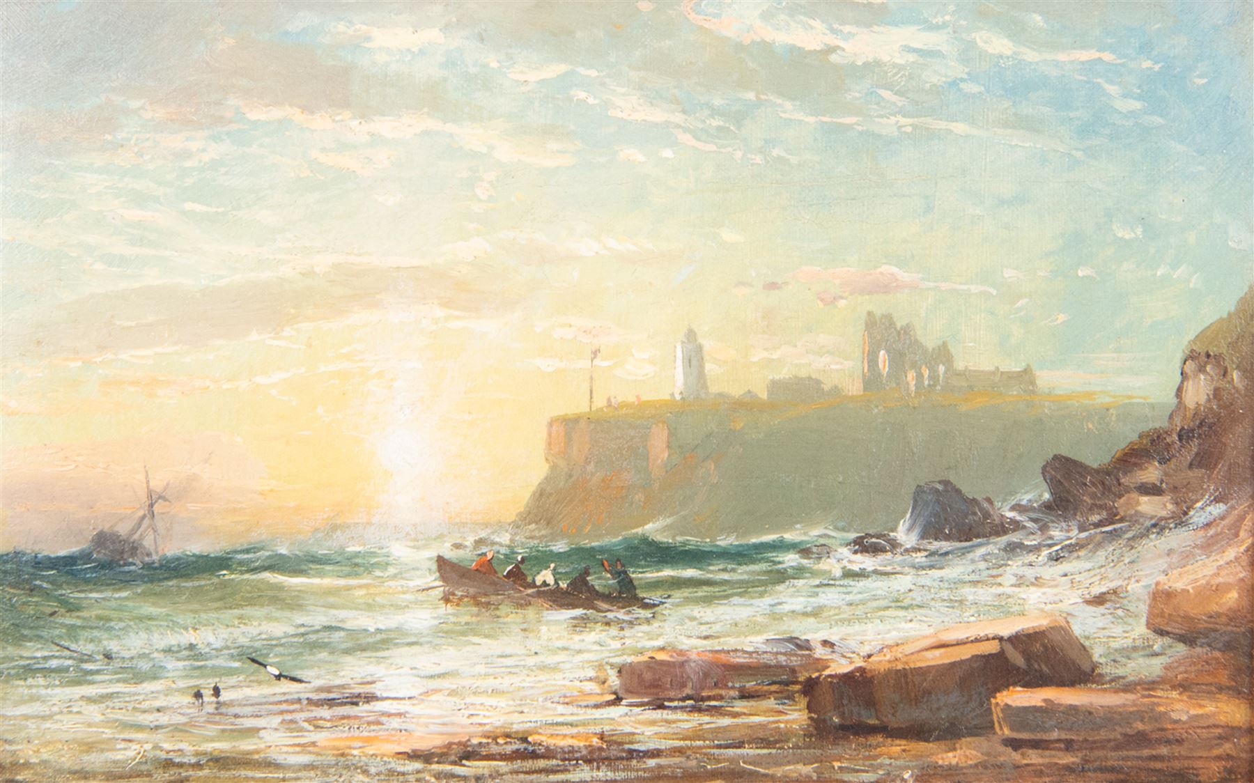James Francis Danby (Irish 1793-1861): Tynemouth Priory and Castle - a View from the Shore, oil on canvas attributed on the mount, 17cm x 27cm 