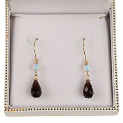 Pair of 9ct gold opal and garnet pendant earrings, boxed