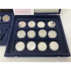 Sixteen Queen Elizabeth II silver proof coins from 'The Queen's Birthday Silver Coin Collection' all being dated 2006, including Alderney five pounds, Gibraltar five pounds, Nightingale Island one crown etc, housed in two cases