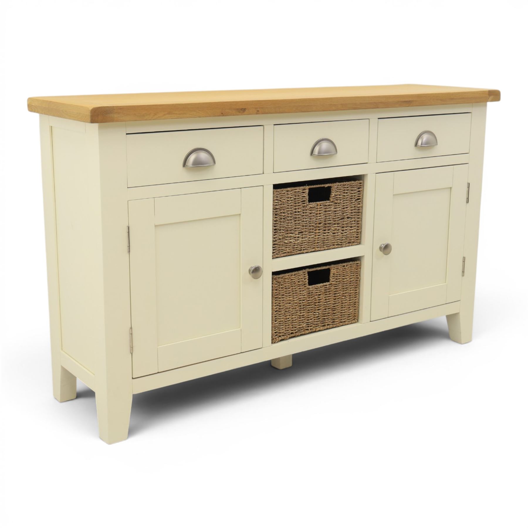 Contemporary white painted sideboard, oak veneered top above three drawers with metal cup handles, two central rattan drawers flanked by cupboards