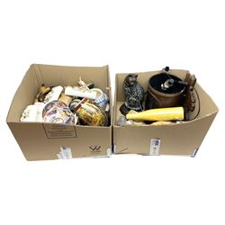 Japanese ceramic egg, three Japanese plates, various cat figures, treen etc in two boxes