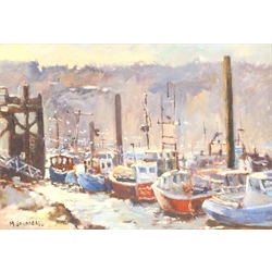 Michelle Saunders (British 1963-): 'Sharp Light Whitby Harbour', oil on canvas signed, titled verso 24cm x 34cm