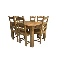 Rustic waxed pine dining table, rectangular plank top on block supports, together with set six beech ladder back dining chairs