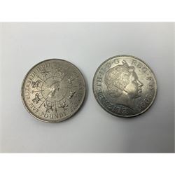 Six Queen Elizabeth II United Kingdom five pound coins