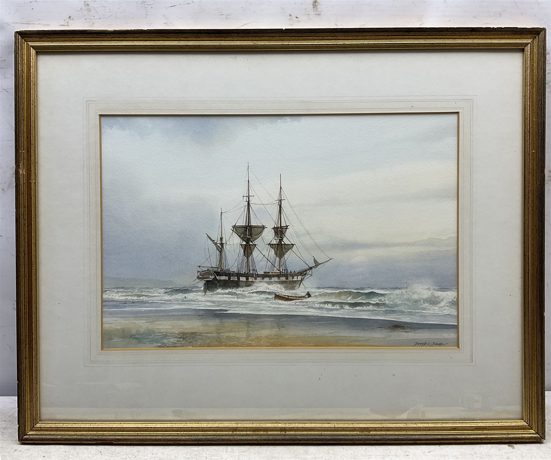 David C Bell (British 1950-): Ships Portraits 'A Barque Ashore - Near Filey c1875' and 'Cape Mariato - Built  Beverley 1936', two watercolours signed, titled verso 31cm x 47cm (2)
