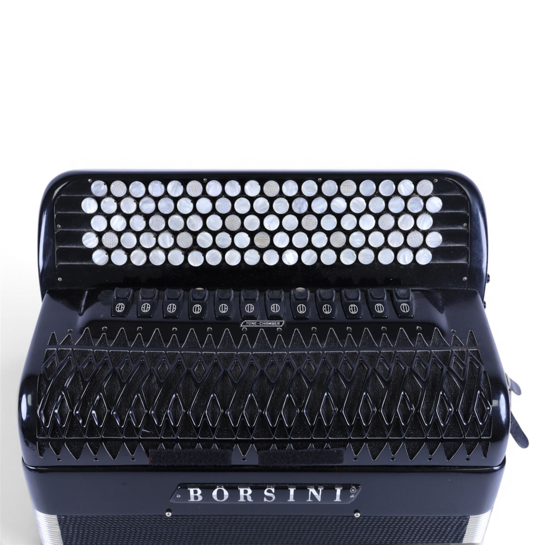 Borsini Professional 5-Row Chromatic button accordion, with 92 white pearlescent chromatic buttons and 136 bass buttons, possibly a custom model, in black high gloss case, with carry strap and original hard carrycase
