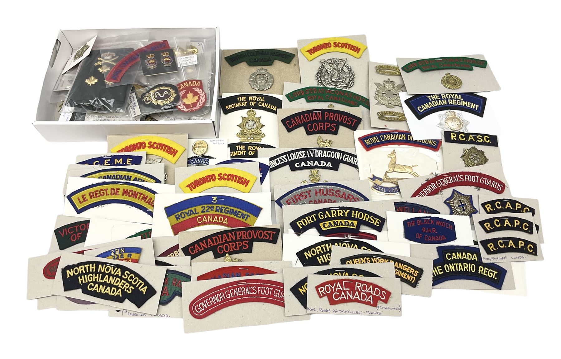 Canadian metal and cloth badges, including Princess Patricias Canadian Light Infantry, Ontario Regiment, 29th Waterloo Regiment, Grenadier Guards, Logistics, Combined Services, Saskatchewan Dragoons, Irish Regiment of Canada, Sakatoon Light Infantry etc