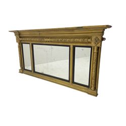 19th century gilt framed overmantel mirror with inverted breakfront cornice over three mirror panels framed by ornate columns