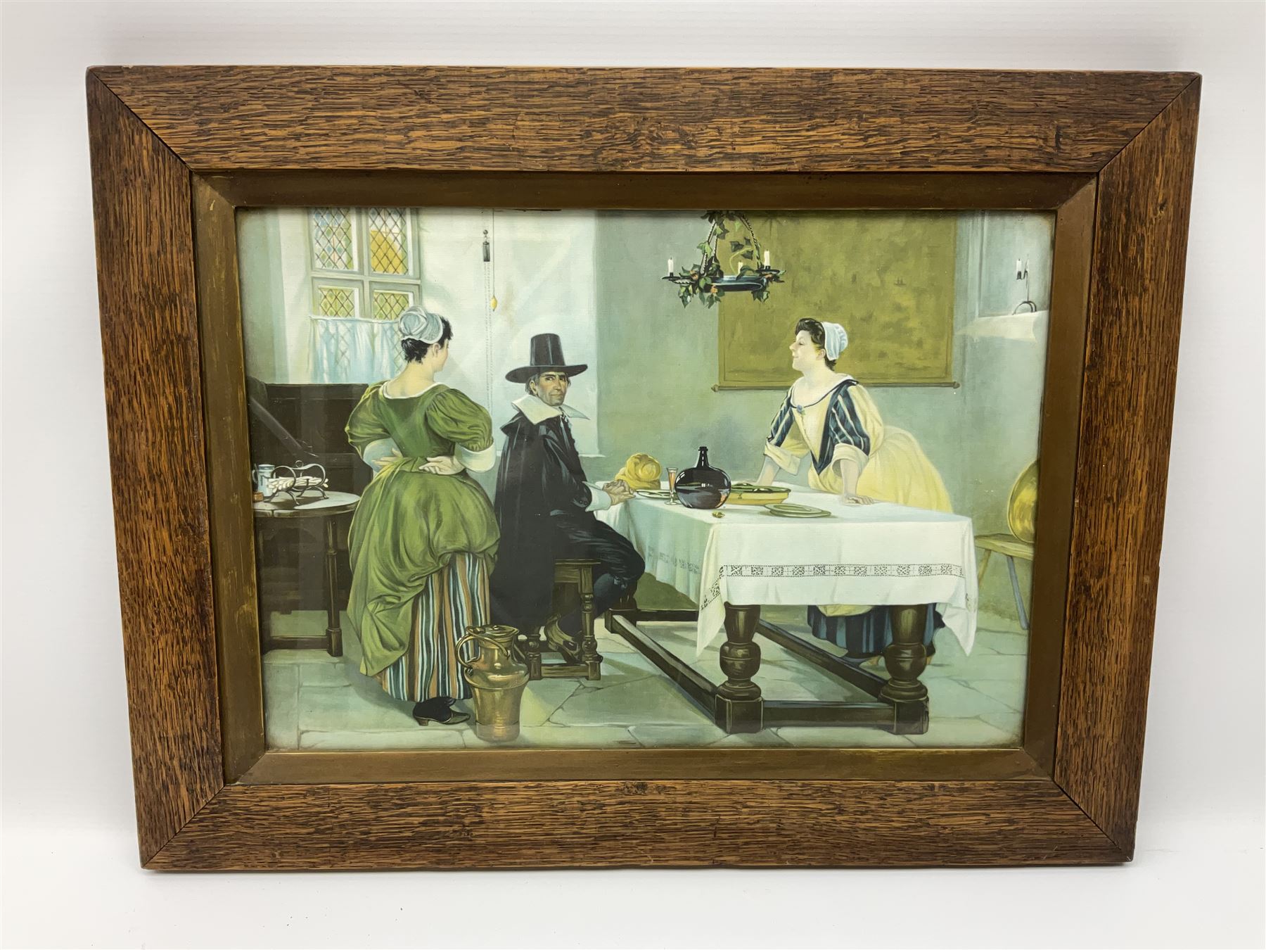 Pair of oak framed Albert Ludovici Stage Coach Prints, Charles Dickens Series, together with oak framed print between the fires