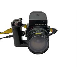 Zenza Bronica ETRS medium format camera body, AE Finder-E Model II, Zenza Bronica Zenzanon MC '1:4 f-40mm' lens, Zenza Bronica Zenzanon MC '1:4.5 f-200mm' lens,  Zenza Bronica Zenzanon MC '1:2.8 f-75mm' lens, and two film backs