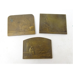  Three bronze medallions: Shepherd and Mother & Child in pastoral landscape after Giovanni DuprMeditation after Henry Dropsy and Ici les Barbares Sont Passes after Raoul Lamourdedieu L7cm (3)  