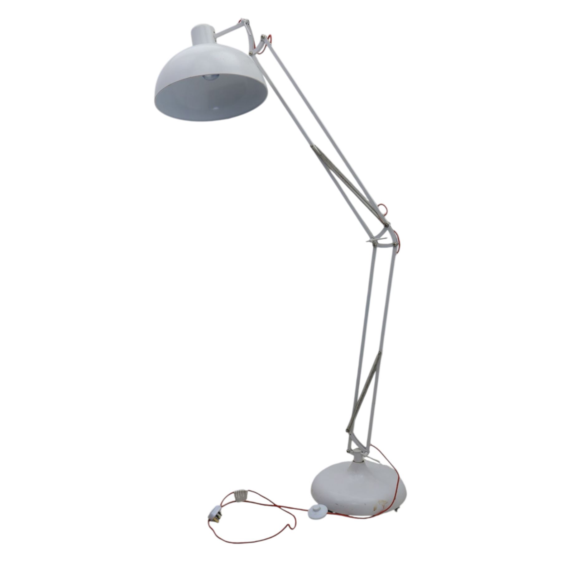 Contemporary white floor lamp, in the manner of Anglepoise, counter balance sprung arm, red cord with a weighted base 