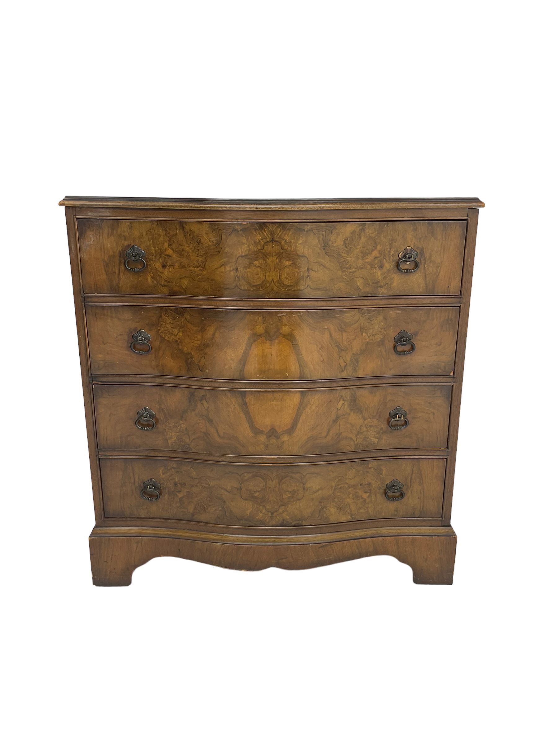 Early 20th century burr walnut serpentine chest, fitted with four drawers, on bracket feet
