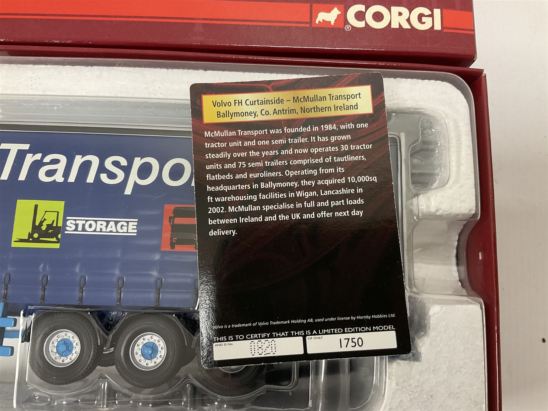 Corgi - Hauliers of Renown, three 1:50 scale models comprising CC14020 Volvo FH Curtainside - McMullan Transport Balleymoney, Co. Antrim, Northern Ireland no.820/1750; CC15006 Iveco Stralis Fridge Curtainside P. Harper & Sons Ltd - Ramsey, Cambridge, no.987/1000; CC15303 Scania 141 Canvas Load R. T. Keedwell Ltd - Highbridge, Somerset no.876/1000; all boxed 