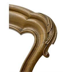 Pair of Victorian walnut side chairs, shaped cresting rail carved with acanthus leaves, overstuffed upholstered seats with stud band, on cabriole supports with scroll carved terminals