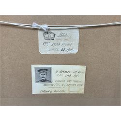 T. Page (early 20th century) - RFC bi-plane in flight over an airfield, bears labels verso 'BE2.B. Dennes Lane R.F.C. Lydd Flying School Oct.1916' and 'Lt. Gerrard R.F.C Lydd 1917 Evening Anti Zeppelin Training Flt. B. Dennes Lane Circum & Bumps', signed watercolour 20.5 x 22.5cm, later mahogany stained frame