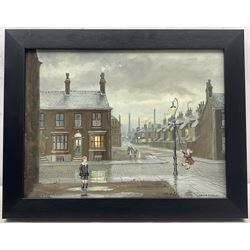Steven Scholes (Northern British 1952-): 'Swinging on the Lamppost - Upper Brook Street Manchester 1962', oil on canvas signed, titled verso 29cm x 39cm
