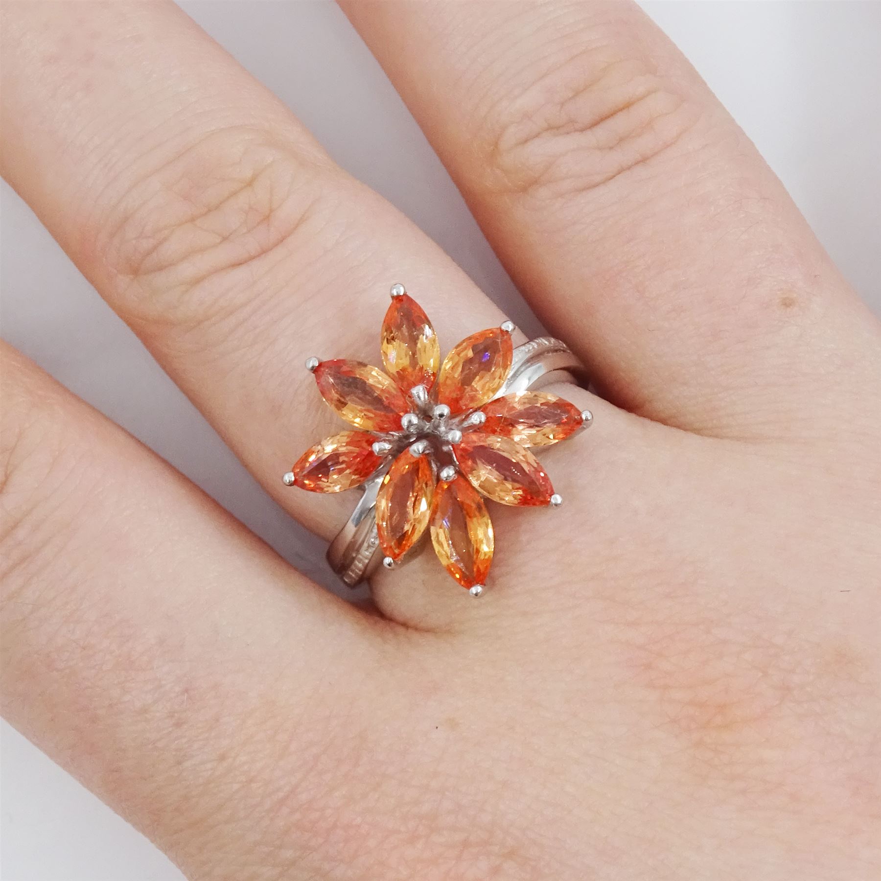18ct white gold marquise cut Padparadscha sapphire flower head cluster ring, hallmarked, total sapphire weight approx 3.00 carat