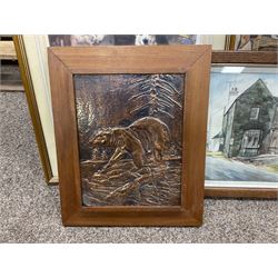 After P E Marshal (British 20th century), Car Outside Inn, water colour signed and dated; after Richard Britton (British) 'Mischief Makers' (golden labradors), colour print, together with three colour prints of dogs and embossed decorative bear scene (6) 