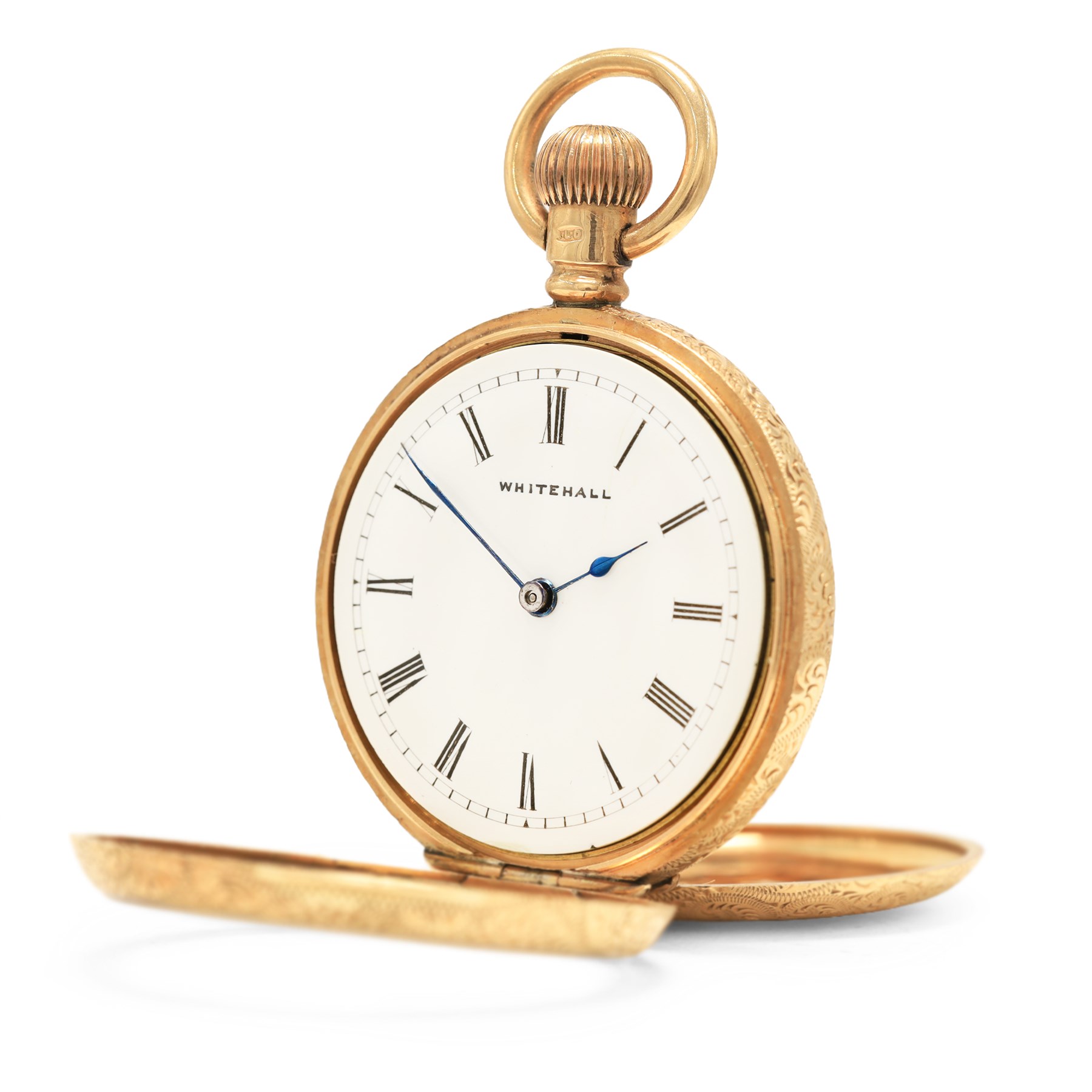Edwardian 9ct gold open face keyless lever fob watch by Lancashire Watch Company, No. 891012, white enamel dial with Roman numeral hour markers, signed Whitehall, case with engraved foliate decoration, case by Dennison, Birmingham 1911