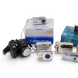 Eight digital cameras, comprising Sony DSC-P200, Opus 4000, Nikon Fun Touch 6, Fujifilm Finepix A405, Sony Cybershot, Samsung Vega 140, Fujifilm S7000 and Kodak Easy Share LS753, two boxed
