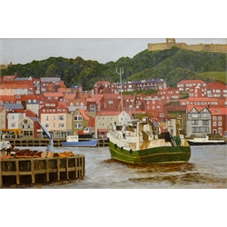 Tom S Hoy (British 20th century): Scarborough Harbour Looking Towards the Castle, acrylic on board signed 43cm x 59cm