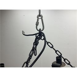 Pair of gothic style wrought iron ceiling lights, each with four branches, D58cm