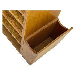 Craftsman made oak magazine table or HI-FI stand, moulded rectangular top over four shelves, flanked by two projecting holders