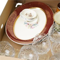 Three blue glass vases, six brandy balloons, Colibri table lighter, glass biscuit box and other items in two boxes