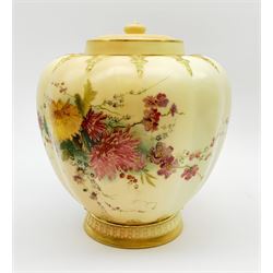 A Royal Worcester blush ivory potpourri jar and cover, of lobed form decorated with floral sprays and heightened with gilt, with printed marks beneath, RdNo112589, shape 1312, overall H19.5cm.