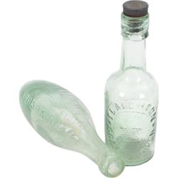 Cream separating bowl 'The Creamsep' and two glass bottles, one impressed 'T Laughton Scarborough', the other 'Genuine Superior Aerated Waters J Bordass Driffield', bowl D27.5cm