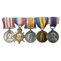 WW1 British Royal Navy Campaign and Royal Naval Fleet Reserve Long Service and Good Conduct group of five medals comprising British War Medal, 1914-15 Star and Victory Medal awarded to SS.113274 J.W. Baines Sto.1 R.N.; Naval general Service Medal to J.W. Baines Sto.1 N.B.; and Royal Fleet Reserve Long Service and Good Conduct Medal to SS.113274 (Dev. B.7397) J.W. Baines Sto.1 R.F.R.; all with ribbons