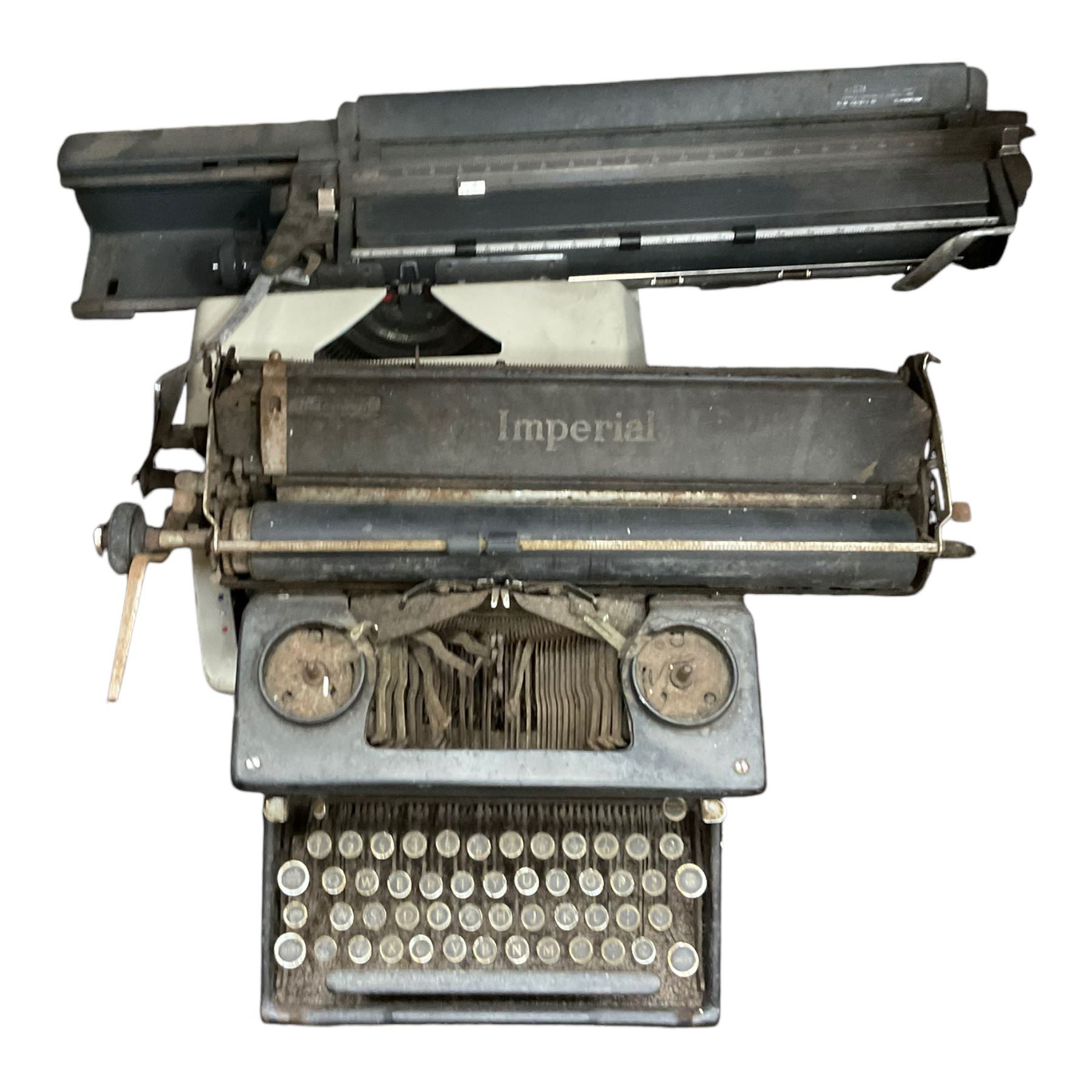 Collection of antique typewriters, including Royal and Imperial and gramophones 