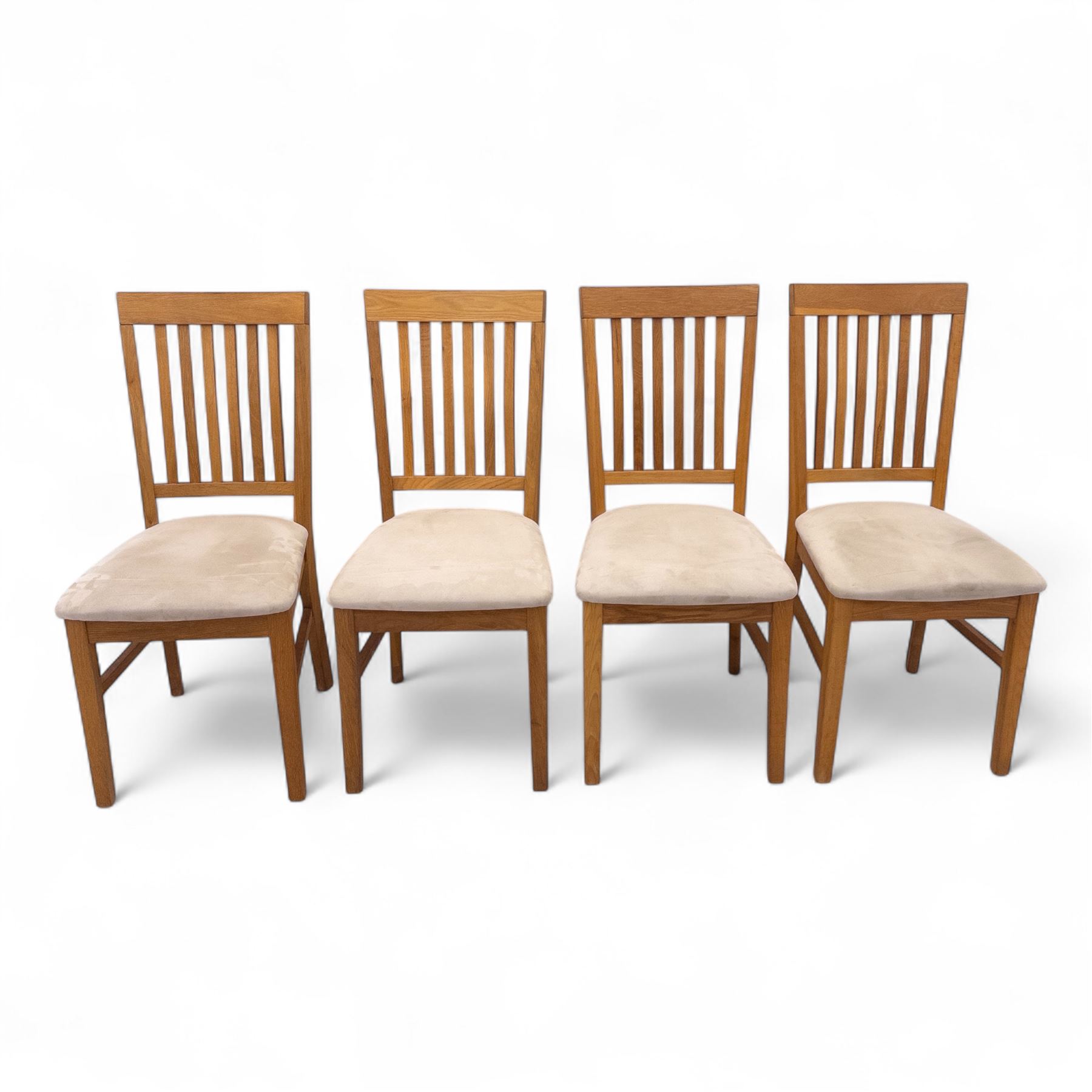 Contemporary solid oak rectangular dining table, with two additional extension leaves, together with eight matching high back dining chairs upholstered in cream suede-effect fabric (9) (Chair H 95cm, W 41cm, D 53cm) (Extends to 270cm)