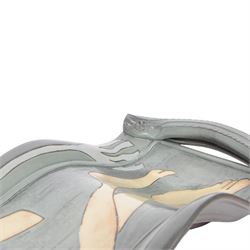 Studio pottery twin handled platter, of waved form, decorated with a female swimmer, L84cm, D22cm