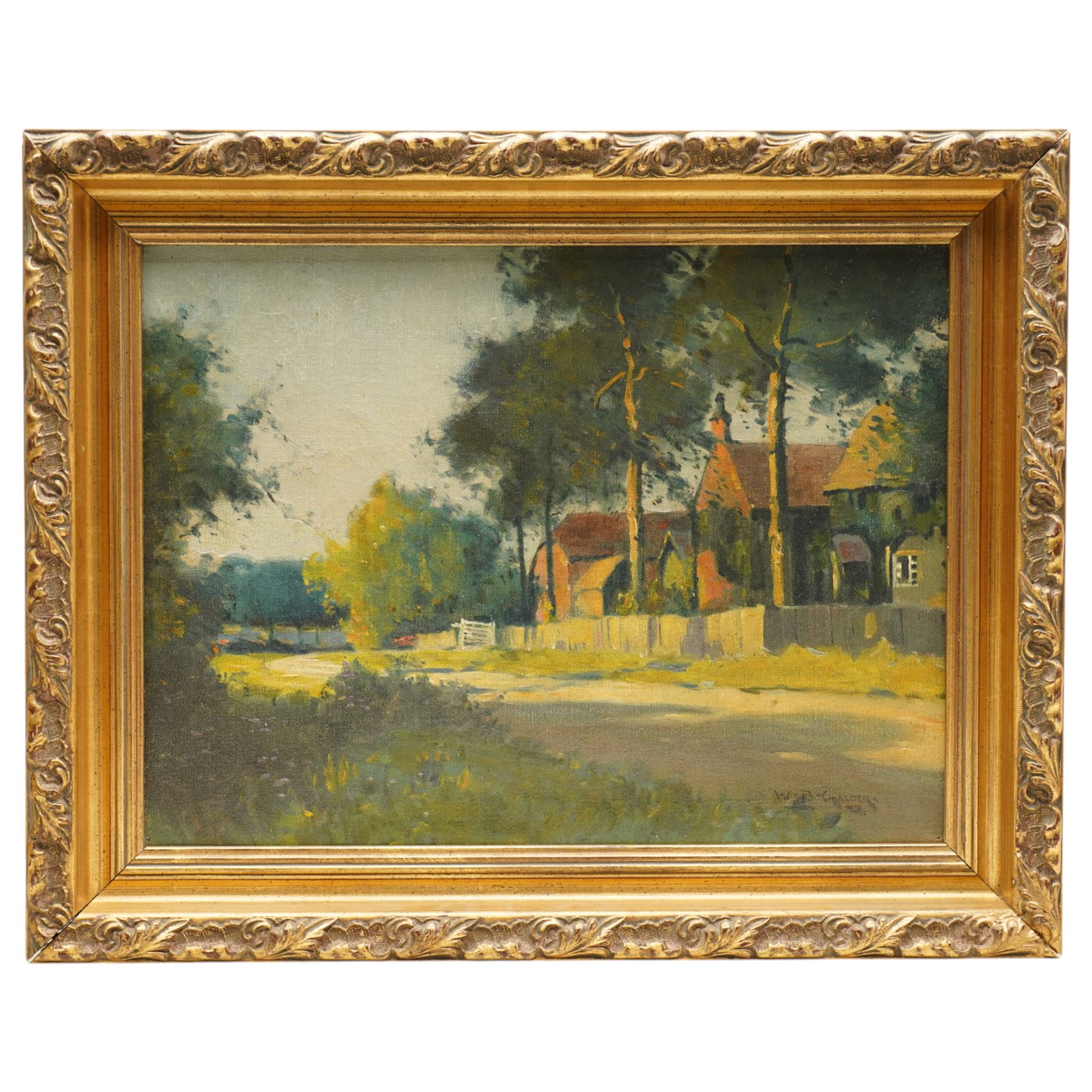 William Bagnall Gelder (British 1869-1929): Country Lane with Houses, oil on canvas signed 29cm x 39cm; English School (Early 20th century): Ploughing the Field, oil on panel unsigned 25cm x 36cm (2)