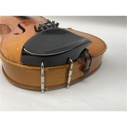 Four Chinese graduated violins - full size with 35.5cm two-piece back; three-quarter size with 33.5cm two-piece back; half size with 31cm two-piece back; and quarter size with 27.5cm two-piece back; all cased except full size; one with bow (4)