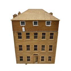Scratch build dolls house, Georgian-Palladian style, the roof lifts to reveal six rooms, the front hinged to reveal six rooms and corridors, the rear hinged to reveal a further six rooms and staircase, including various interior fittings and furnishings 