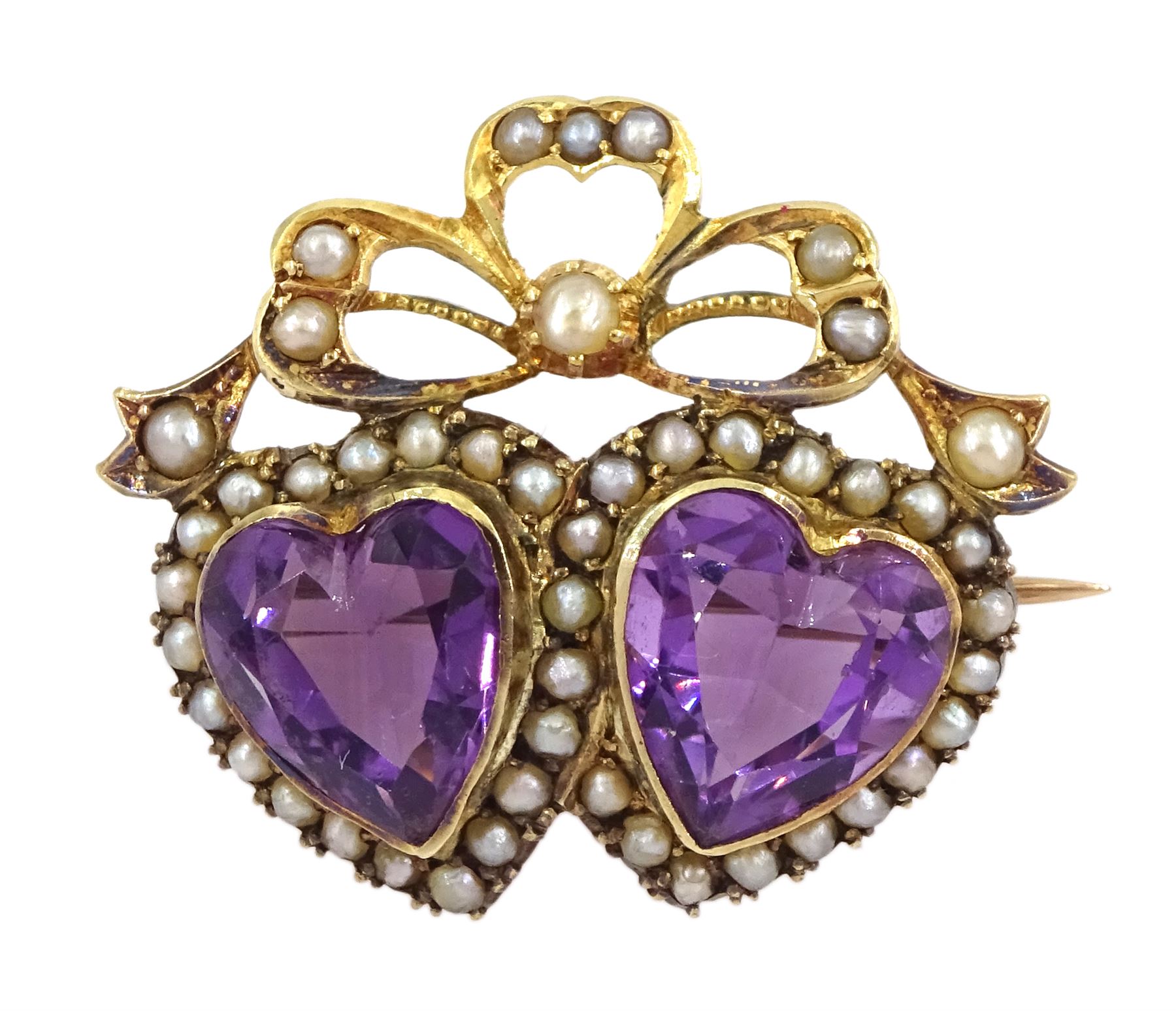 Victorian gold double heart shaped amethyst and seed pearl brooch, with pearl set bow top